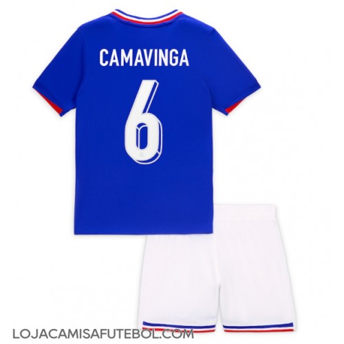 Camisa de Futebol França Eduardo Camavinga #6 Equipamento Principal Infantil Europeu 2024 Manga Curta (+ Calças curtas)